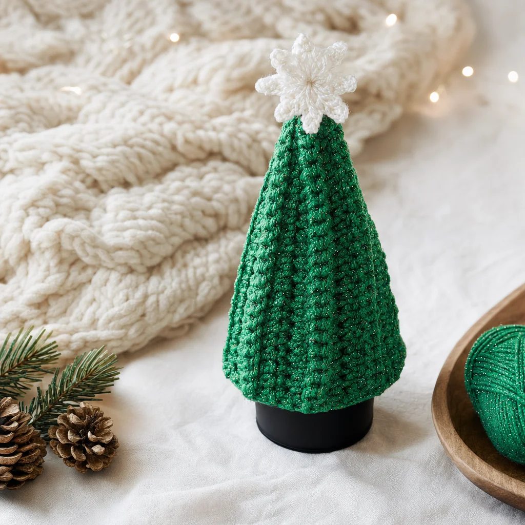 Crochet pattern for a Christmas tree bottle topper, perfect for holiday decor.