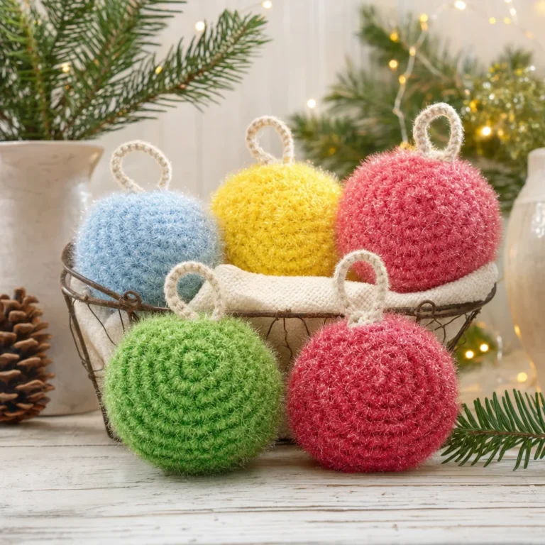 Crochet pattern for Christmas Tree Scrubbie Ornaments, perfect for holiday decorating.