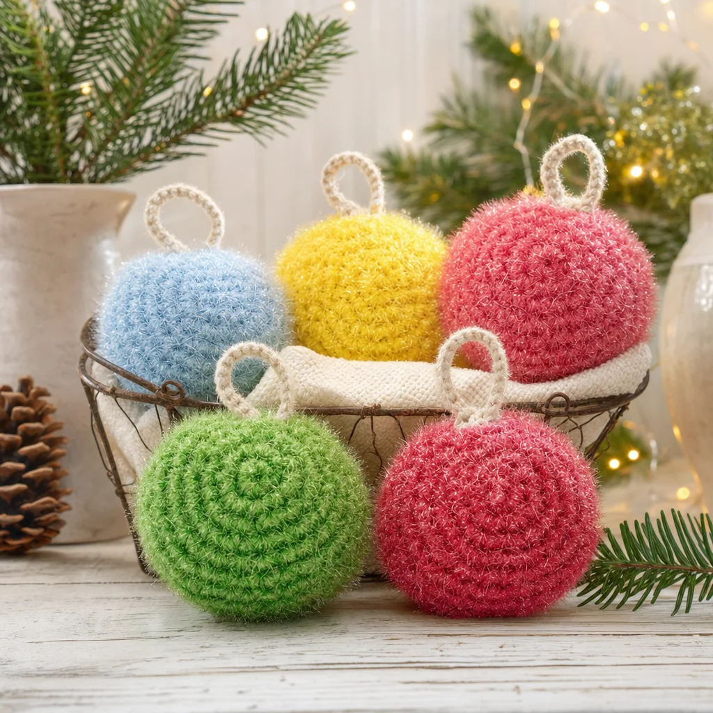 Crochet pattern for Christmas Tree Scrubbie Ornaments, perfect for holiday decorating.