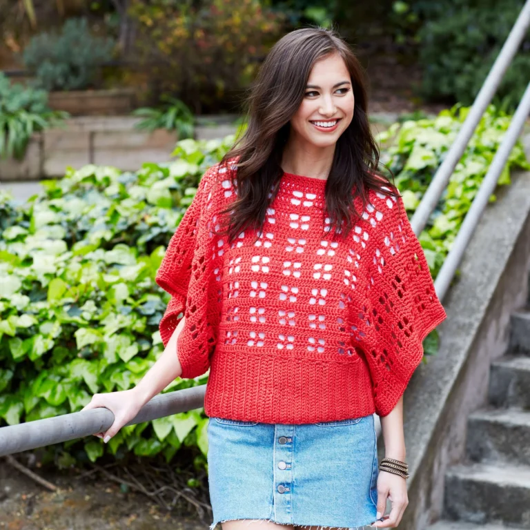 Clementine Chic crochet sweater pattern showcased on a model, ideal for cozy wear.