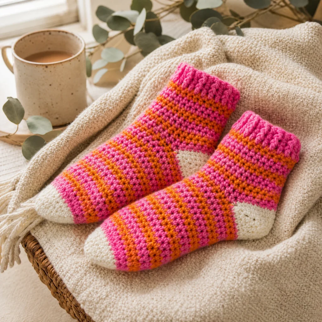 A pair of handmade cozy crochet socks in soft yarn, perfect for home relaxation.