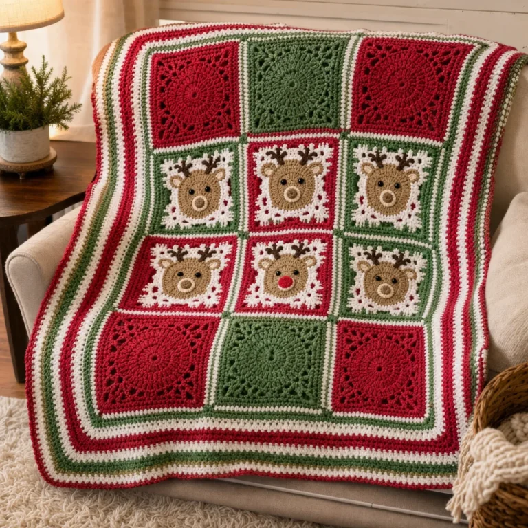 Cozy crochet blanket with Christmas reindeer design for festive decor