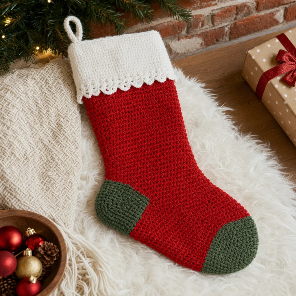 Cozy crochet Christmas stocking tutorial for holiday decorations.