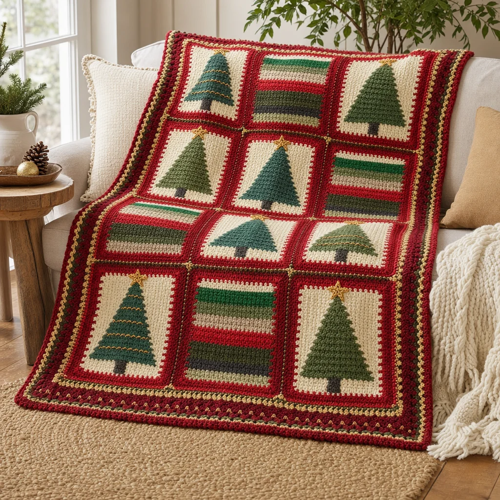 Crochet Christmas tree throw pattern in festive colors for holiday decor.
