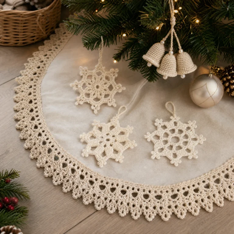 Crochet edging featuring bells, snowflakes, and festive tree skirt designs.