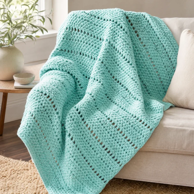 Crochet blanket pattern featuring eyelets and textures.