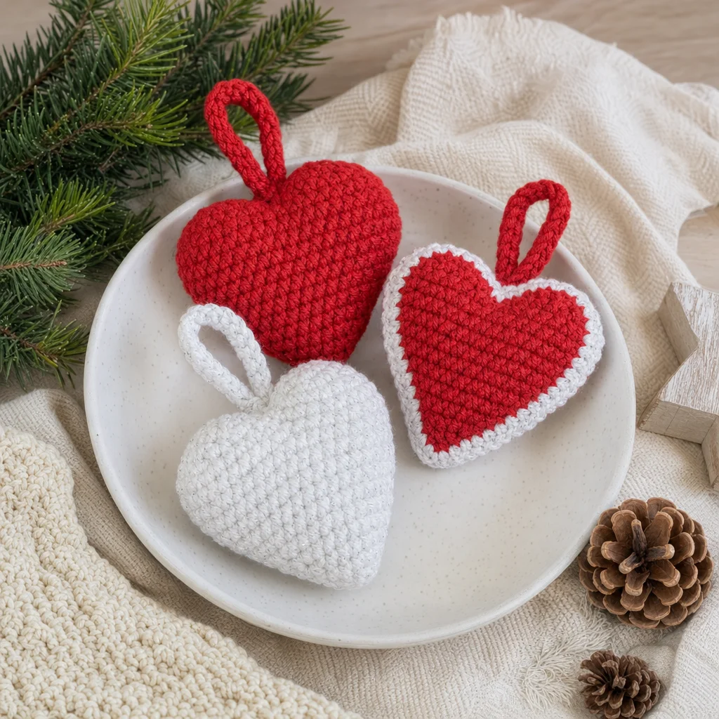 Crochet Christmas Love Heart ornaments pattern for festive decorations