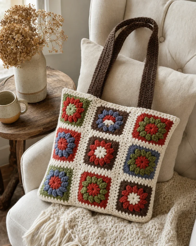 Crochet felted granny tote pattern tutorial with completed crochet tote