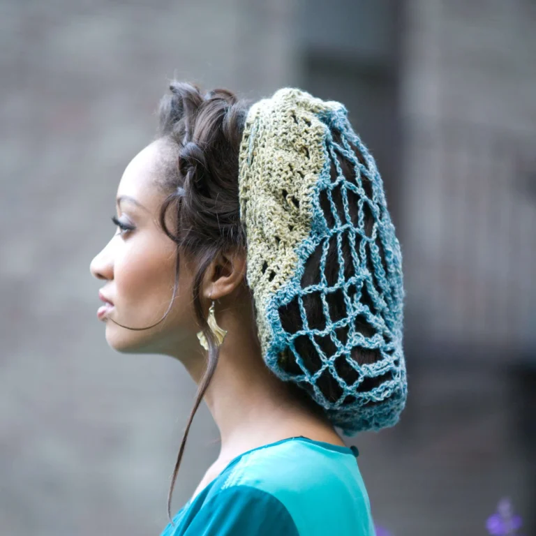 Crochet Glitz and Glamour hairnet pattern displayed on a mannequin