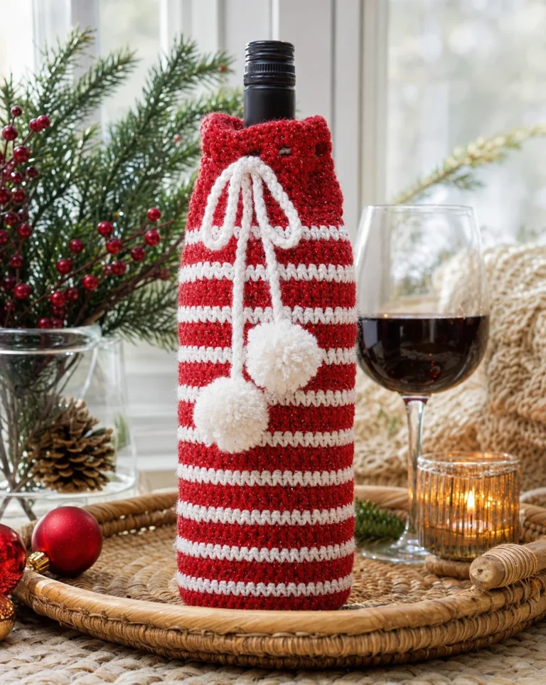 Crochet holiday spirit bottle bag pattern for festive gift wrapping