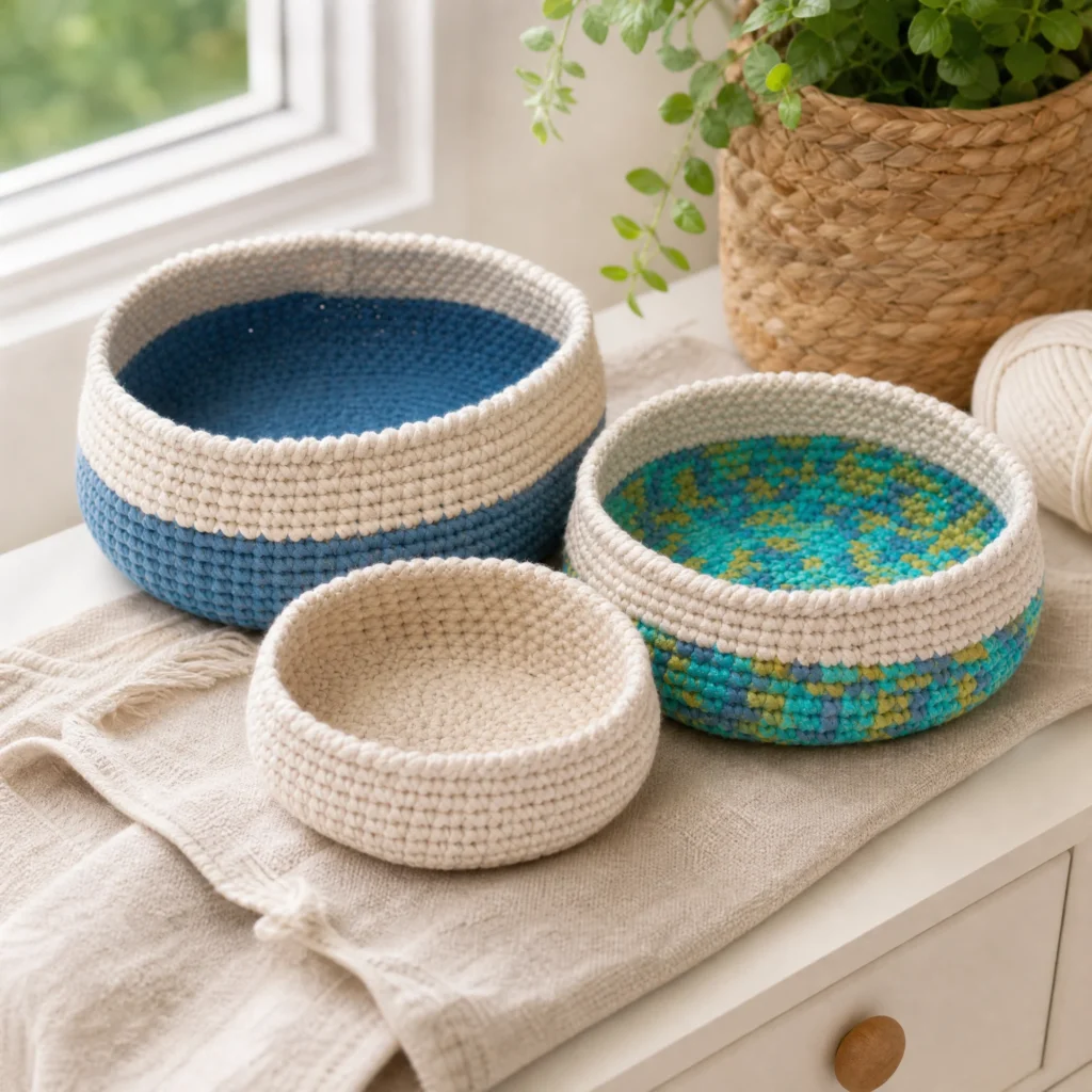 Crochet nesting bowls pattern for stylish home decor and storage solutions.