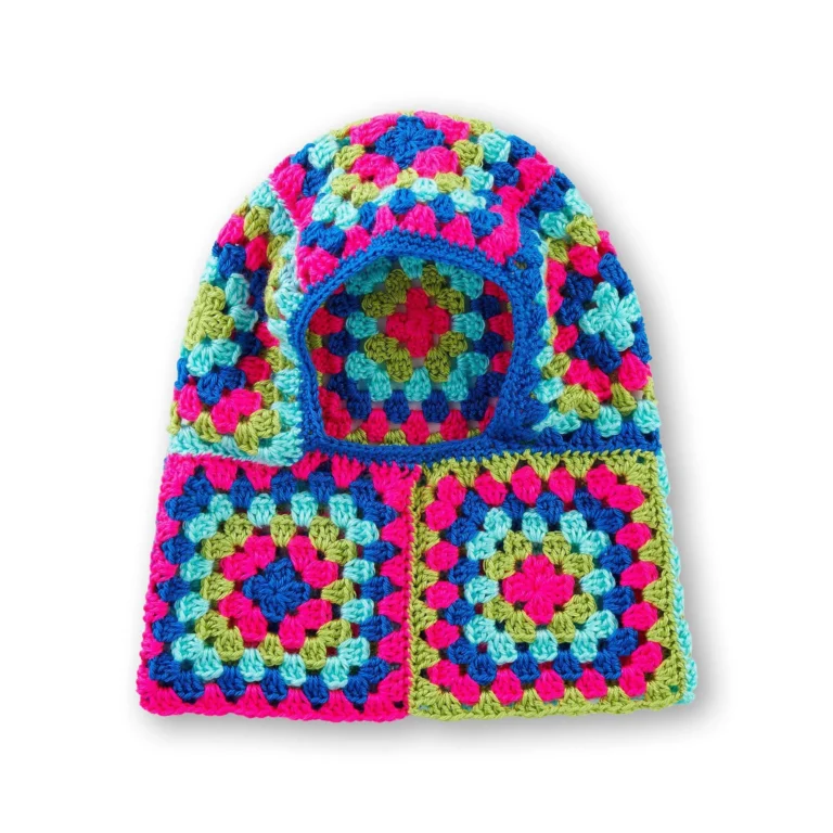 Crochet granny-square balaclava pattern showcasing vibrant colors and unique design