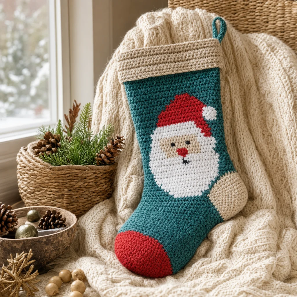 Cross-stitch crochet pattern for colorful Christmas stockings
