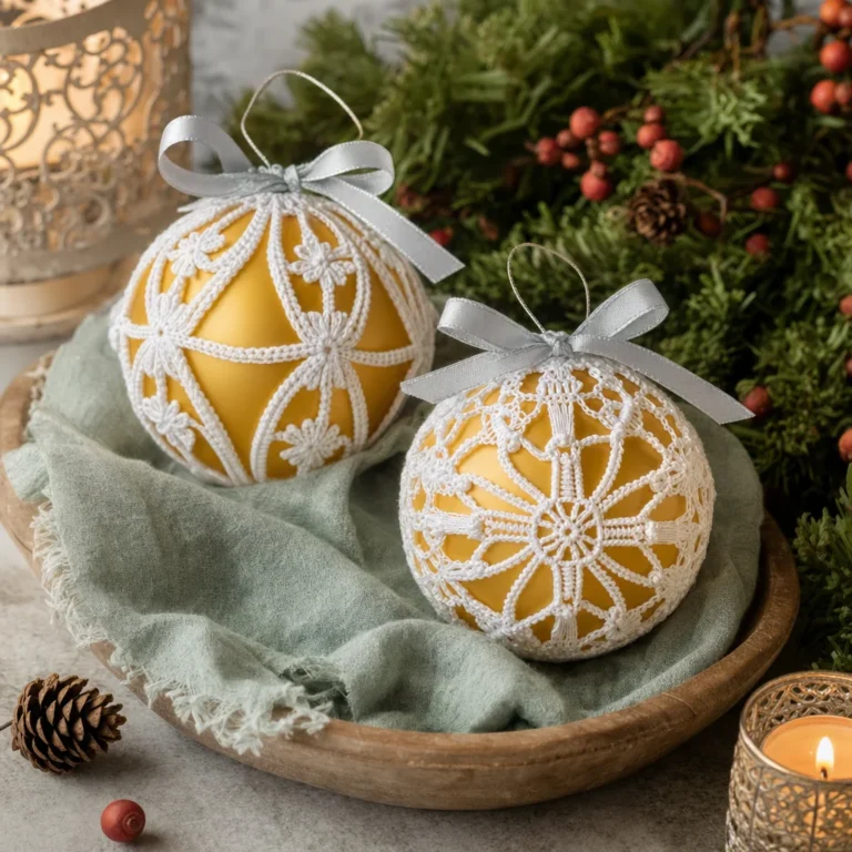 Delicate lace crochet Christmas ornaments pattern example.
