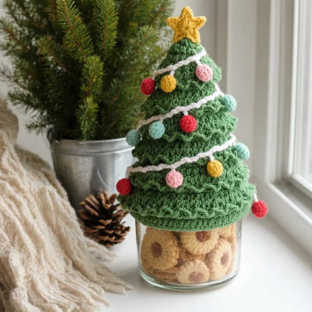 DIY crochet Christmas tree jar topper pattern for festive holiday decor