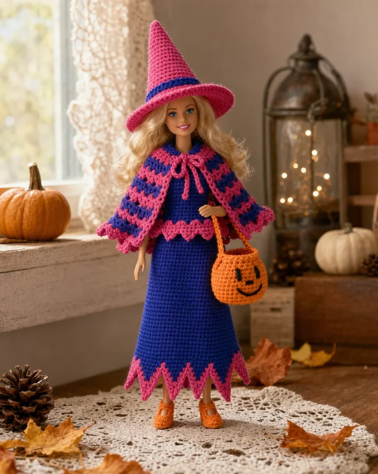 Easy crochet doll witch costume pattern for beginners