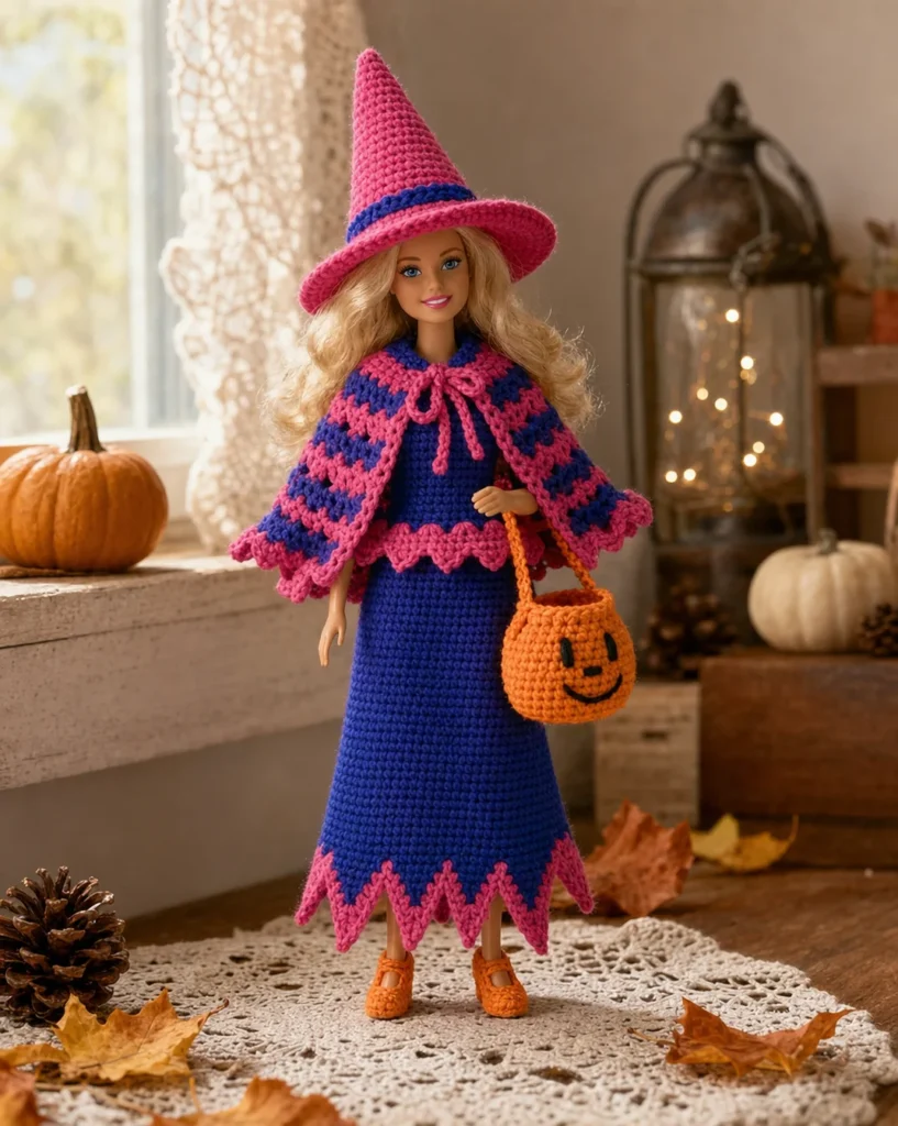 Easy crochet doll witch costume pattern for beginners