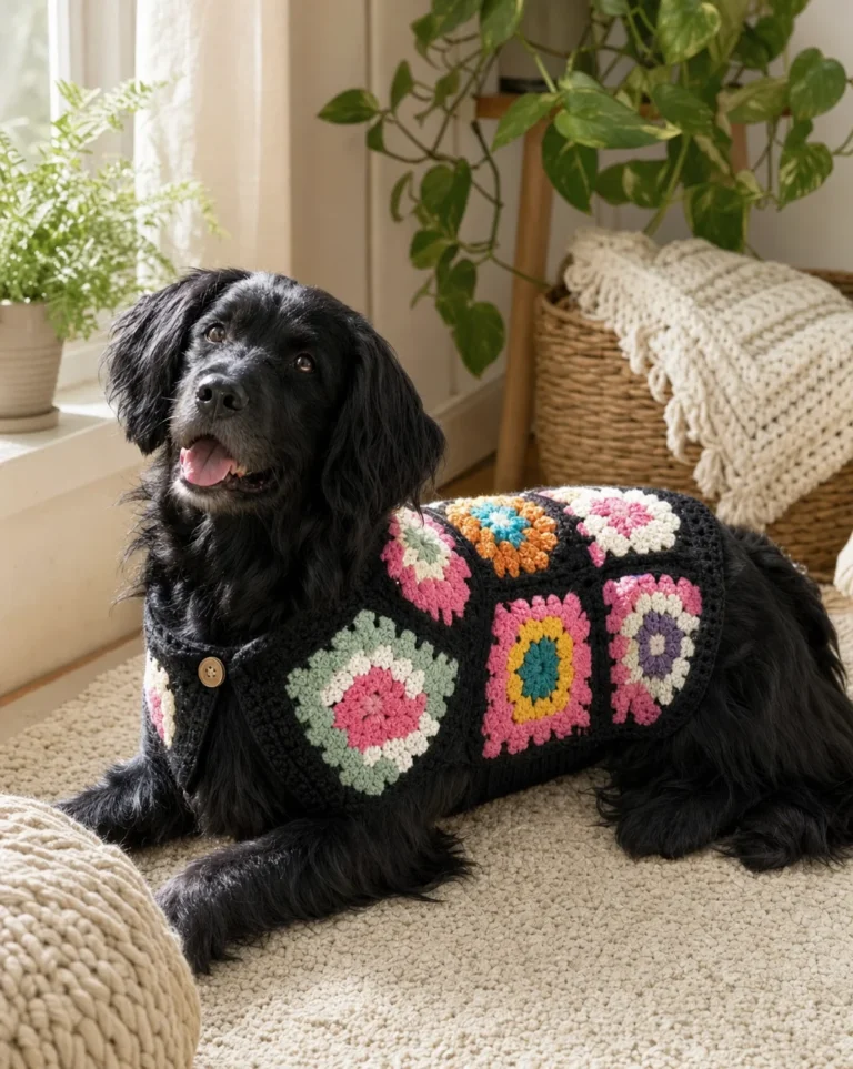 Easy crochet granny square dog sweater pattern for a stylish pet outfit.