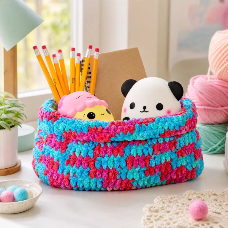 Crochet stash basket pattern for organizing yarn and supplies