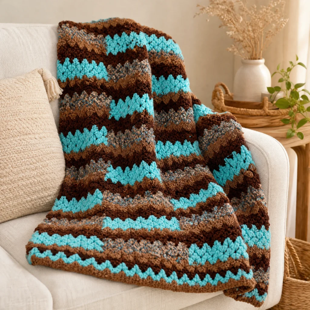 Cozy V-Stitch Crochet Throw pattern displayed on a sofa