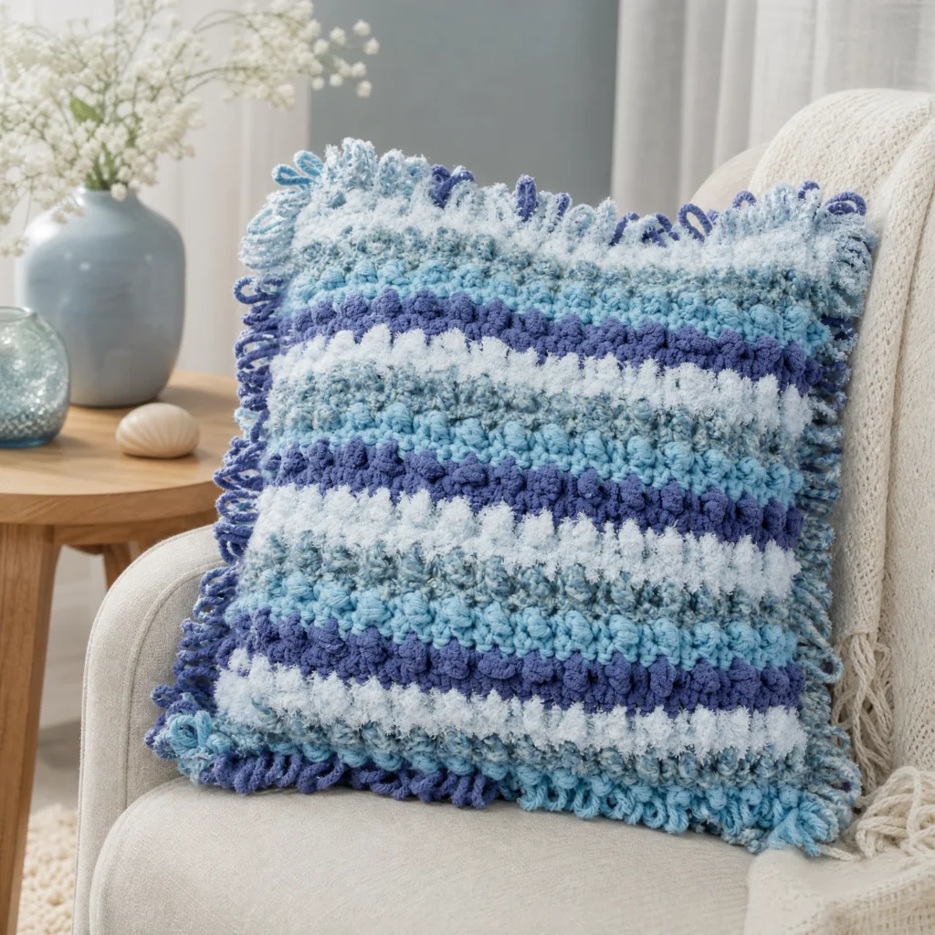 Crochet pillow featuring the Festival of Textures pattern