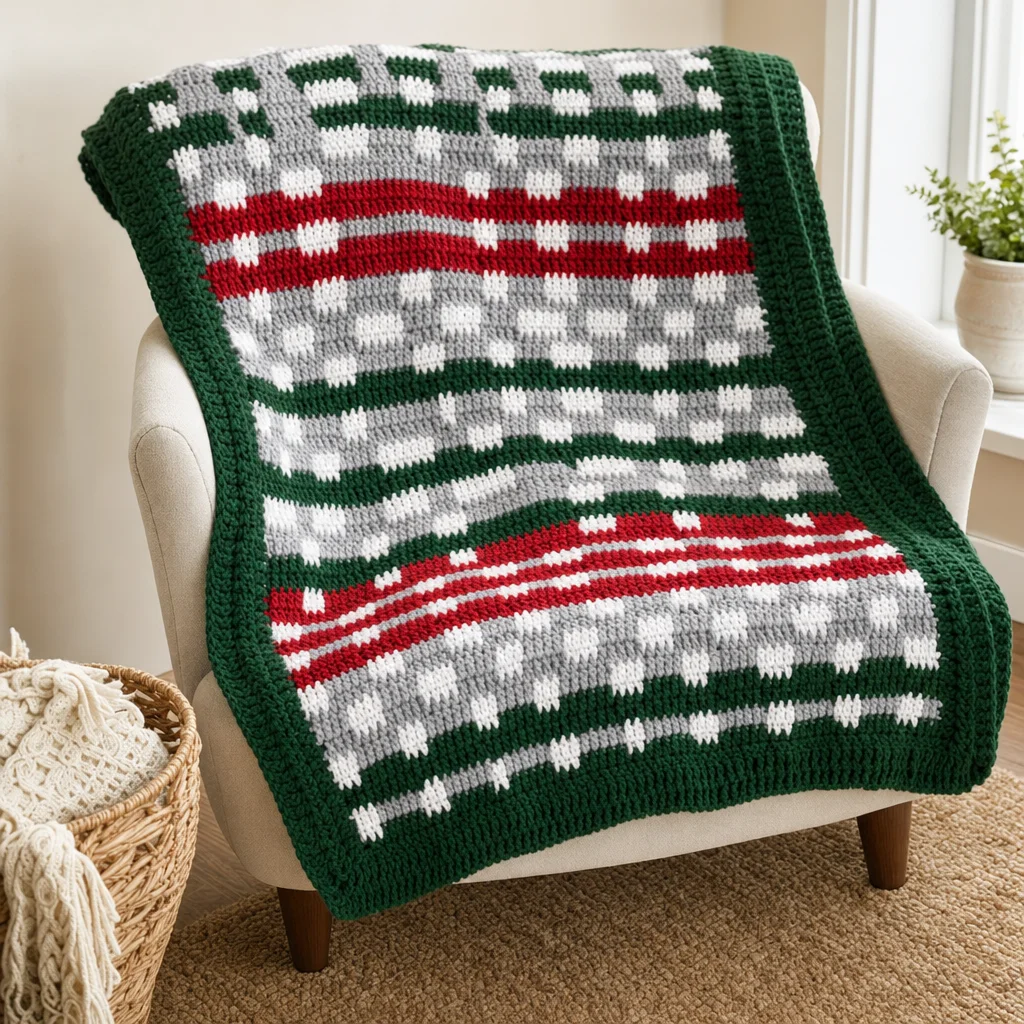 Festive Christmas Plaid Crochet throw pattern for cozy holiday decor