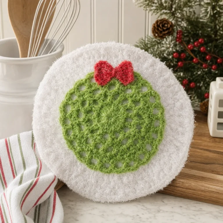 Festive crochet Christmas wreath dishcloth pattern for holiday decor.