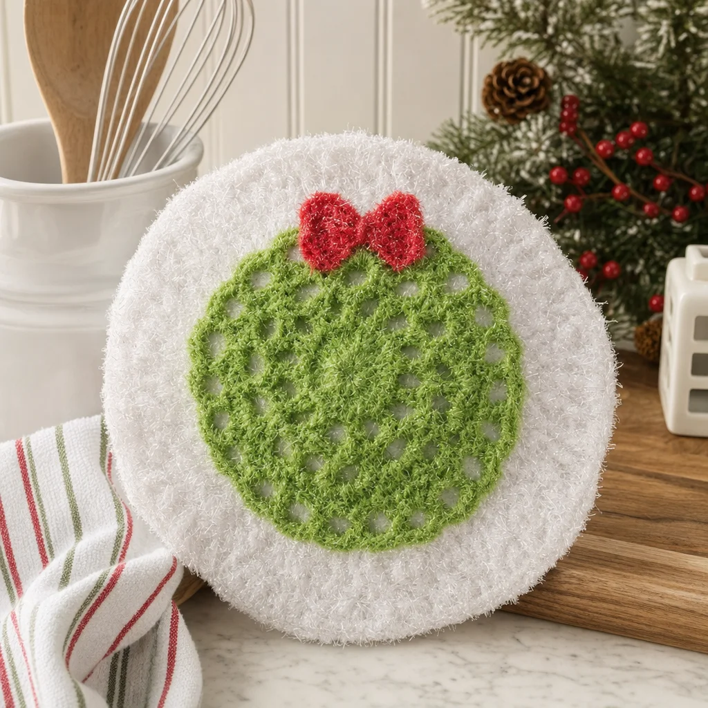 Festive crochet Christmas wreath dishcloth pattern for holiday decor.