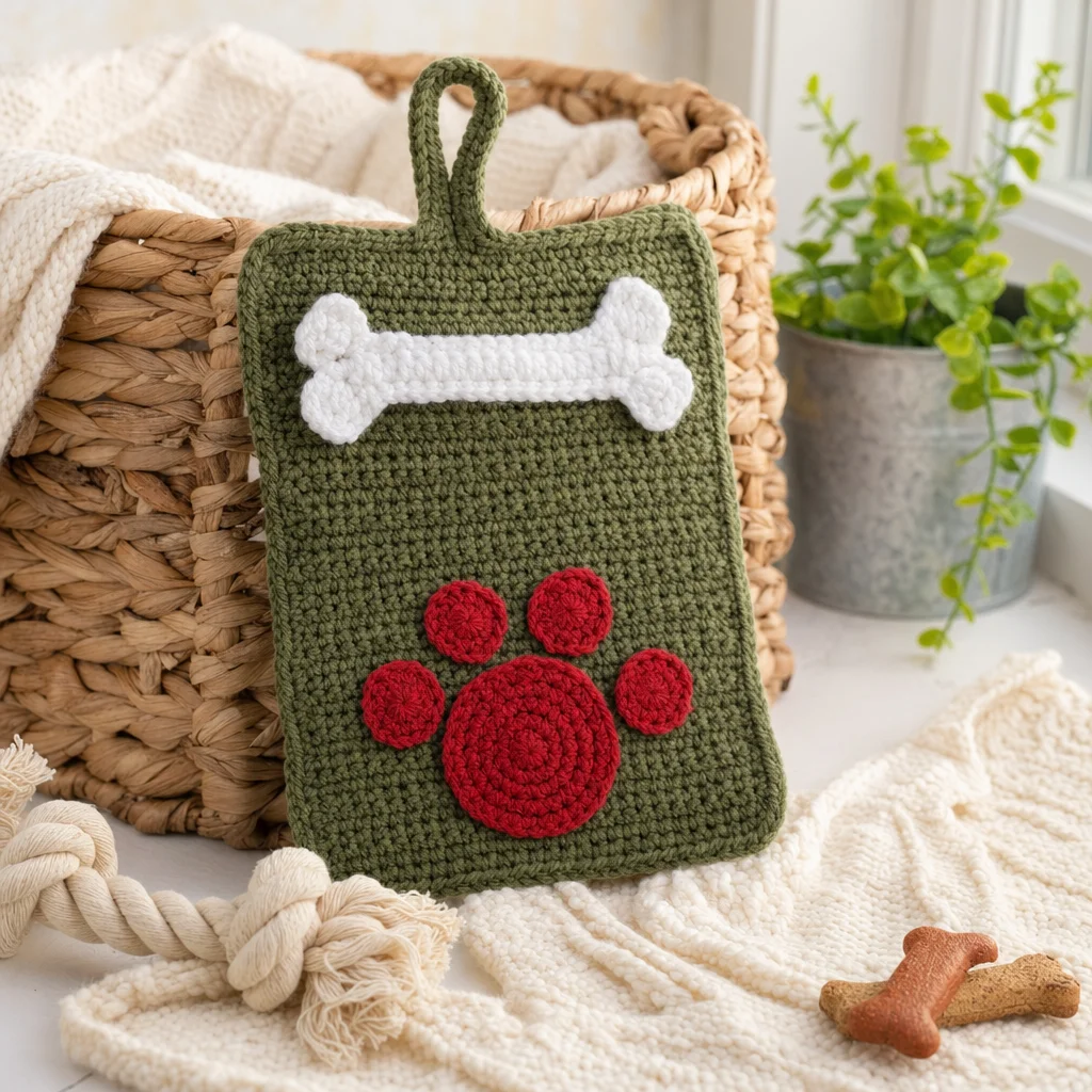 Crochet pattern for festive dog paw Christmas stocking