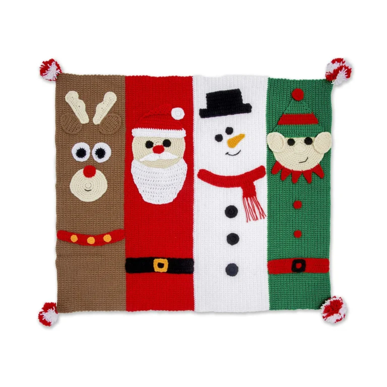 Festive crochet blanket pattern featuring Christmas characters for holiday decor.