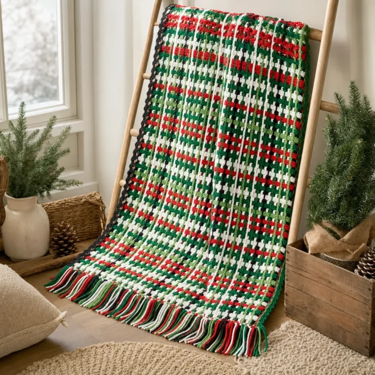 Festive plaid crochet blanket pattern for Christmas decor