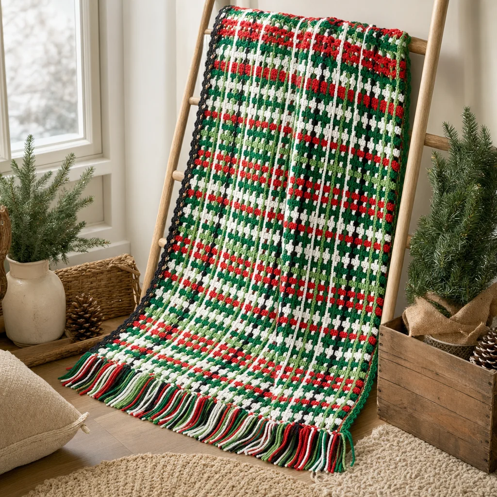 Festive plaid crochet blanket pattern for Christmas decor