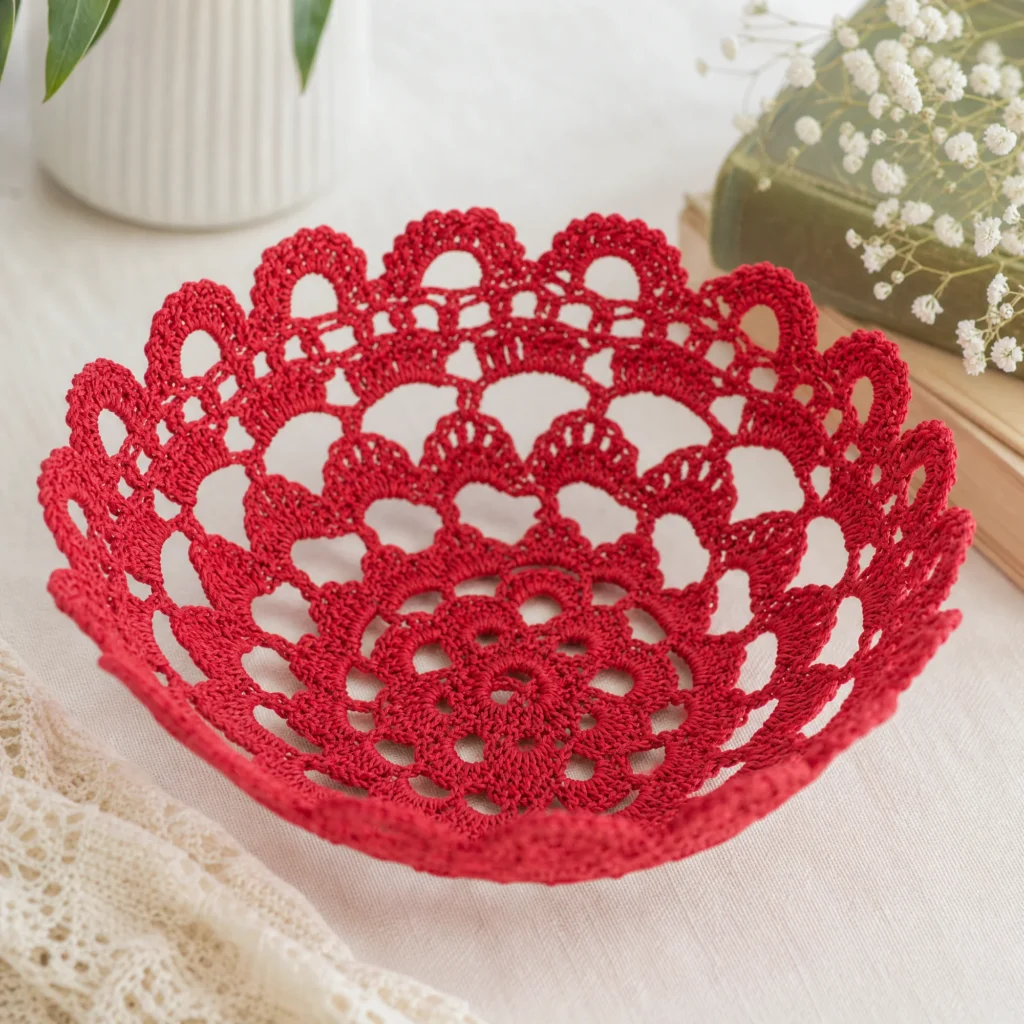 Beautiful filigree crochet bowl showcasing intricate patterns and vibrant yarn.