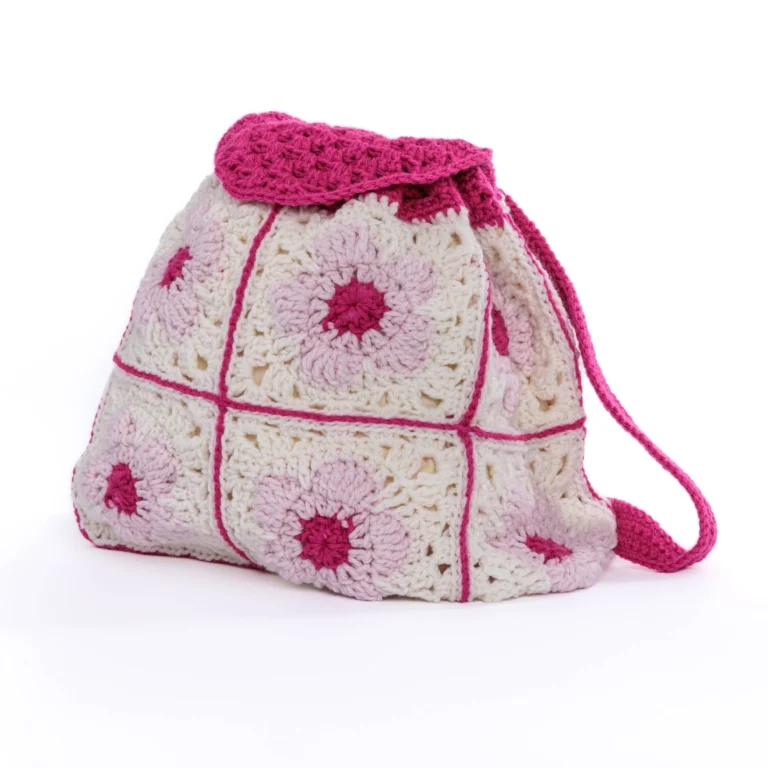 Floral Power Crochet Backpack showcasing intricate crochet design and vibrant colors.