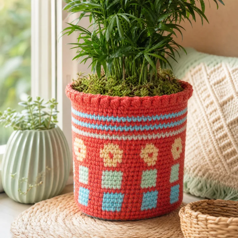 Flower Pot Cozy in Tapestry Crochet for vibrant home decor.