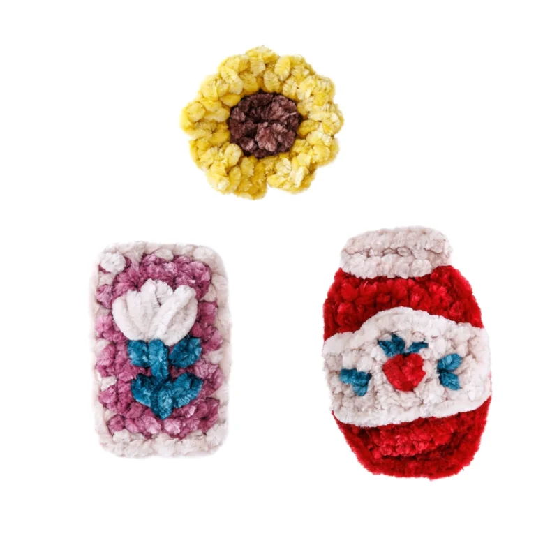 Colorful crochet bag charms designed for spring-themed accessories.