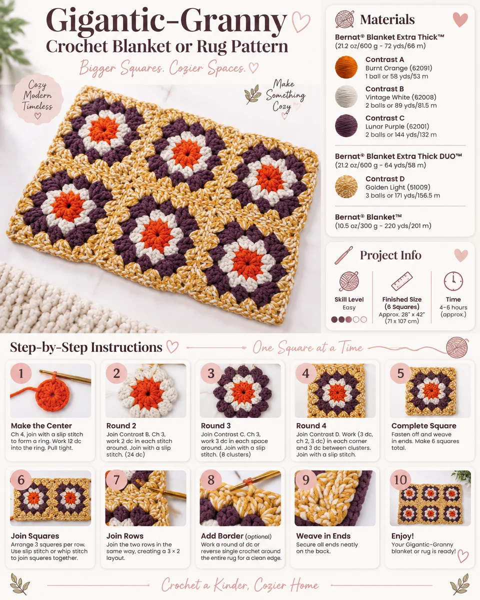 Gigantic Granny Square Crochet Blanket or Rug Pattern