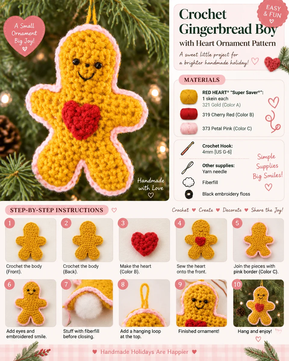 Gingerbread Boy Crochet Pattern with Heart Ornament