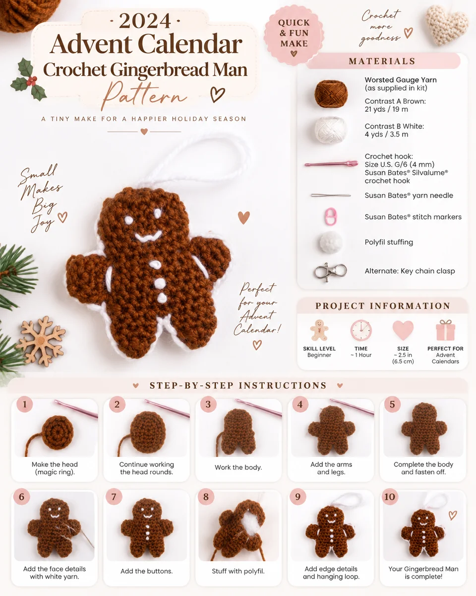 Gingerbread Man Crochet Pattern for the 2024 Advent Calendar