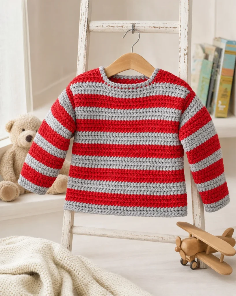 Baby sweater crochet pattern for beginners, featuring team spirit design.