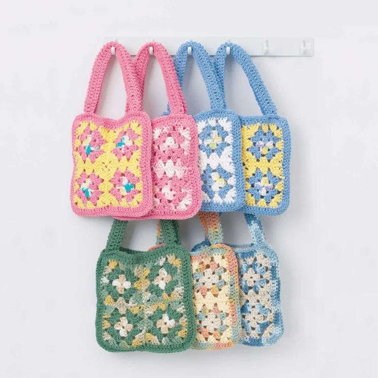 Granny square crochet bag pattern tutorial showcasing colorful handmade bags.
