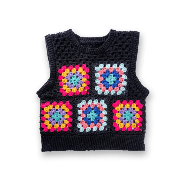 Crochet Granny Vest pattern with intricate knit details showcased on a model.