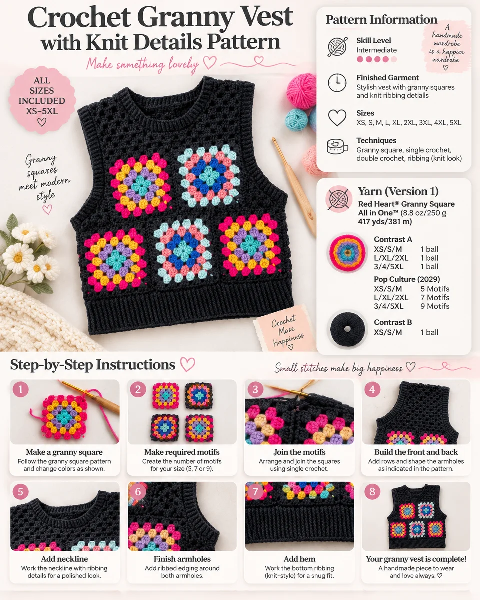 Granny Vest Crochet Pattern with Knit Details