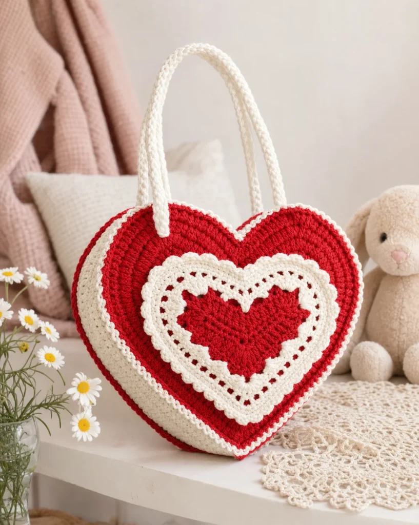Heart-shaped crochet bag pattern for a heartfelt gift.