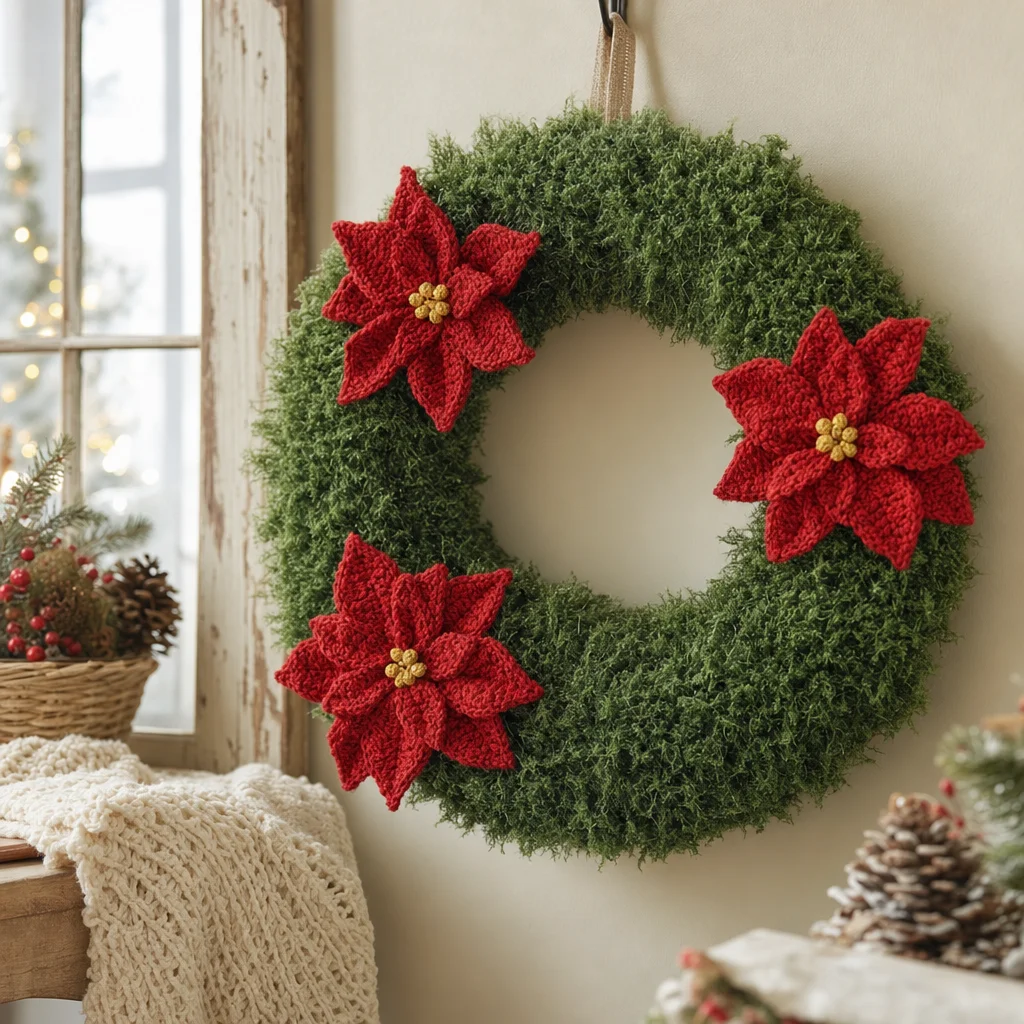 Crocheted Holiday Christmas Wreath showcasing festive designs and colors.