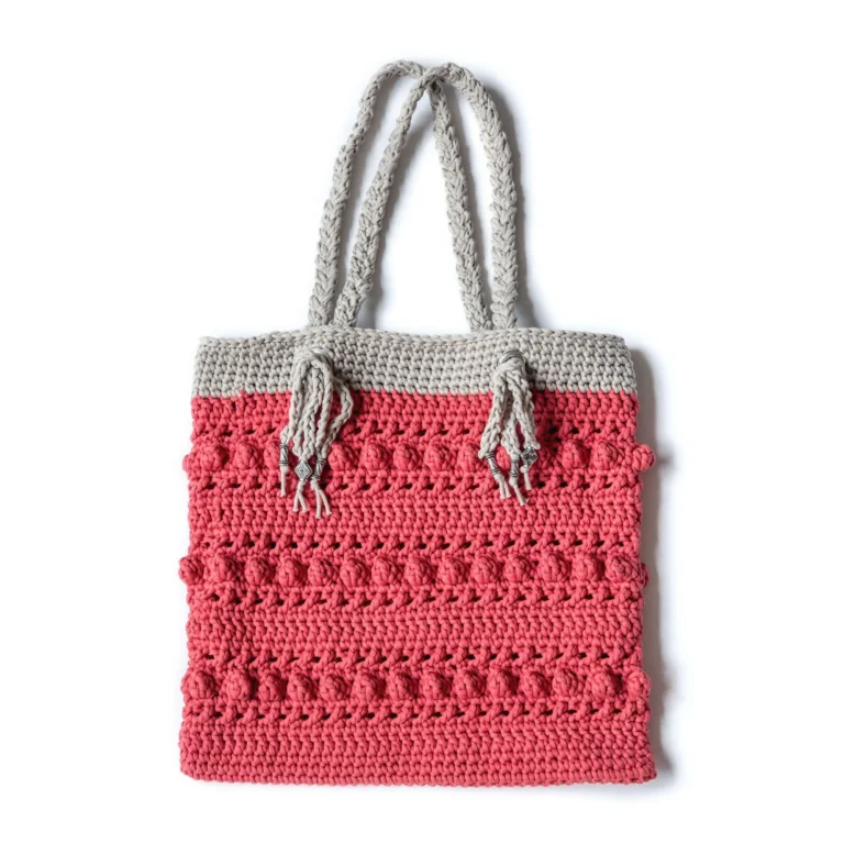 Hugs and Kisses crochet tote bag pattern showcasing unique design and texture.
