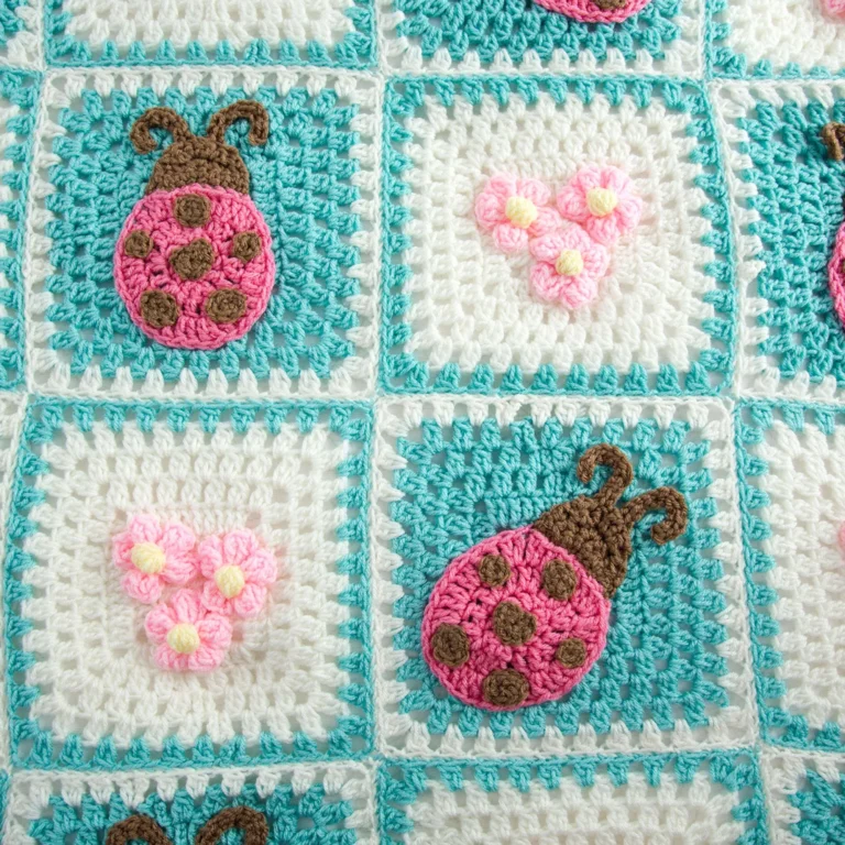 Insect garden crochet blanket pattern with colorful insect motifs.