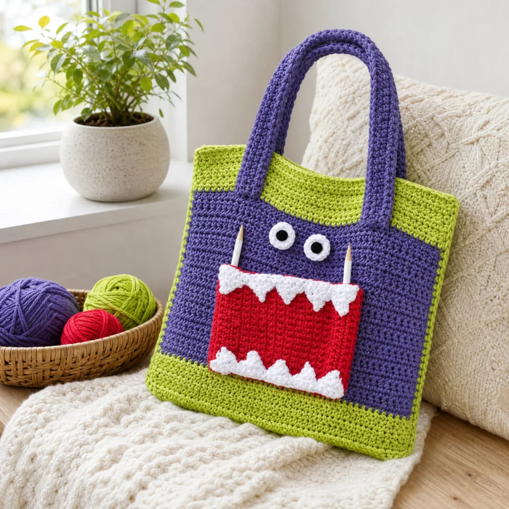 Monster Ate My Homework tote pattern featuring a playful design for creative sewing.