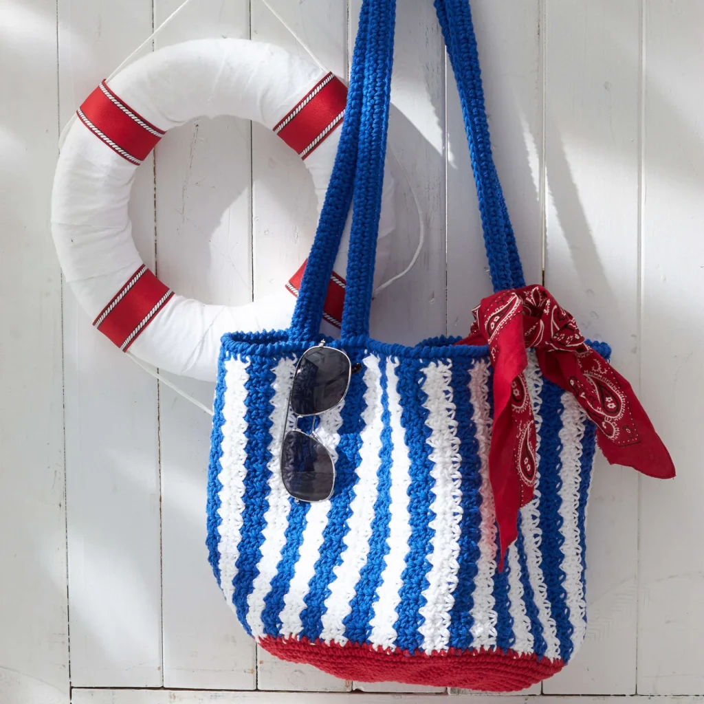 Nautical striped crochet bag pattern showcasing vibrant colors and design