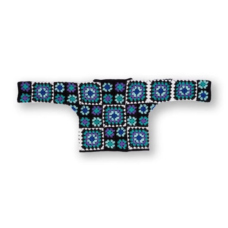 Patchwork granny crochet pullover in vibrant colors and unique designs.